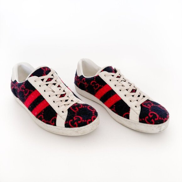 Gucci Ace GG Sneakers EU 7 US 7.5 Navy Blue Red Wool Lace Up Low Top Shoes - Picture 1 of 11